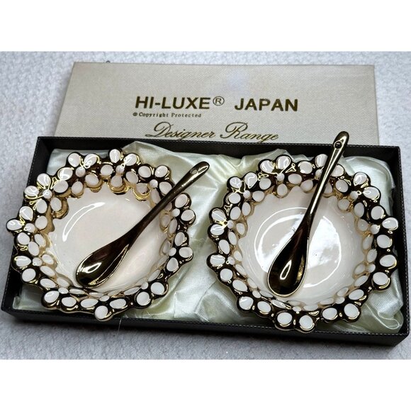 Hi Luxe Japan Designer Range 2 Pc Bowl Spoon Set White Gold Trim Tableware NOS - Picture 5 of 8